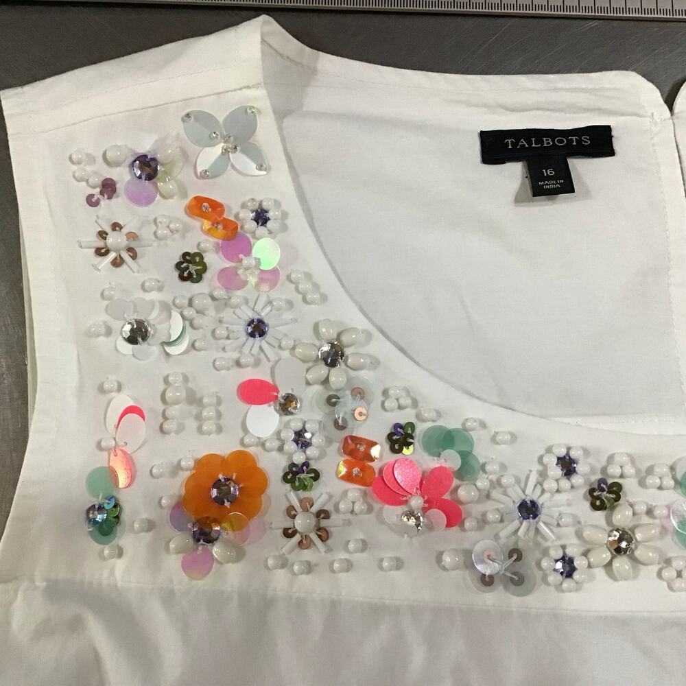 Talbots 100% Cotton White Colorful Beaded Tailored Tank 16 Boho Coastal - Picture 5 of 7